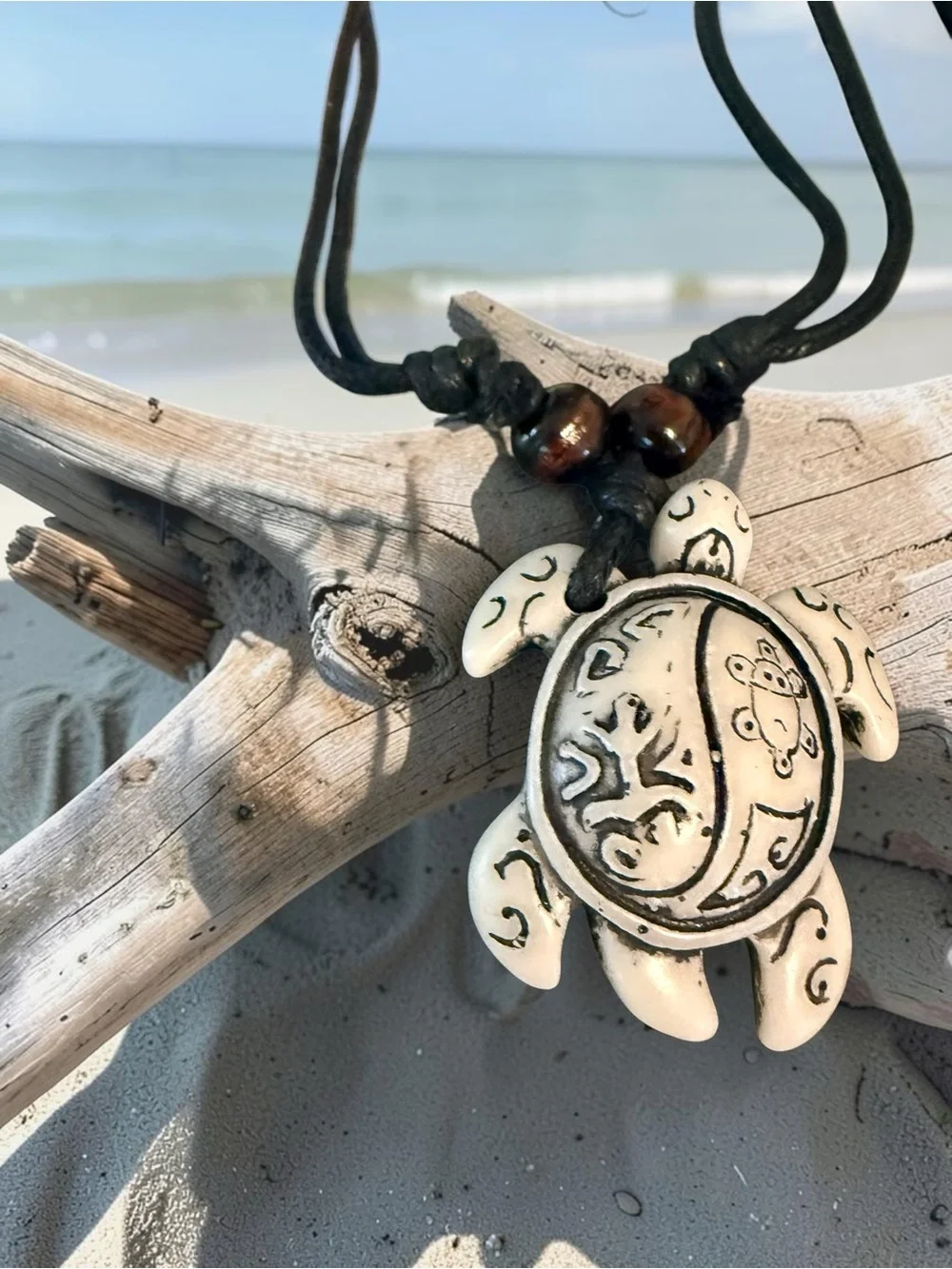 Handmade Turtle Pendant Necklace in Black Cord - Beach Boho Jewelry
